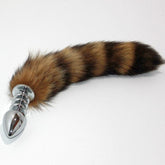 Brown Faux Fox Tail Ribbed Silver Butt Plug