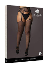 Fishnet and Lace Garterbelt Stockings - Black