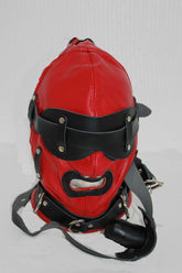 Hell Fire Slave Hood & Blindfold Faux Leather Red & Black