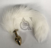 White Faux Fox Tail Steel Anal Plug Gold