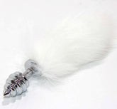 White Kitten Tail Silver Ribbed Butt Plug