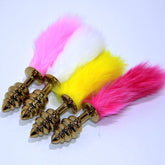 Rabbit Faux Tail Ribbed Butt Plug Gold Large