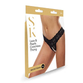 Secret Kisses Lace & Pearls Crotchless Thong Black