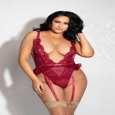 Seven Til Midnight Eyelash Lace Teddy with Thong Back and Removable Garters Queen