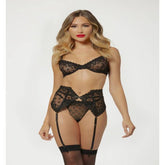 Seven Til Midnight Three Piece Bra Garter And Panty Set Black