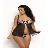 Seven Til Midnight Two Piece Multicolored Embroidered Floral Galloon Lace And Mesh Babydoll Set With Underwire Black