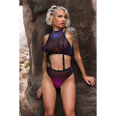 Fantasy Lingerie VIBES STARDUST Iridescent Halter Top & Suspender Bottoms Indigo S/M