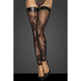 Noir Handmade Tulle Stockings With Patterned Flock Embroidery and Power Wetlook Band Black