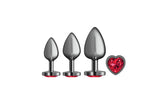 Cheeky Charms Round Metal Butt Plug Gunmetal 3 Piece Kit With Dark Red Heart Jewel