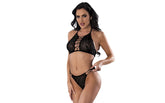 Exposed Lingerie Mesh Sequin Halter Bra, Skirt and Women Thong Set Black