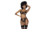 Mapale 3 Piece Bra, Garter Belt and Thong Set Black