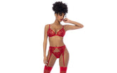 Mapale 3 Piece Bralette, Garter Belt and Thong Set Red