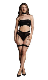 Le Desir Shade Ananke XII Three Piece Bandeau Top and Pantie with Garters Black