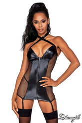 Dreamgirl Stretch Faux Leather and Fishnet Garter Slip and G-String