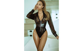Yelete Clocking Out Faux Leather Zip Up Bodysuit Black