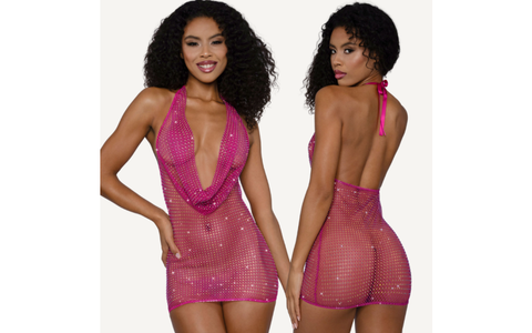 Rhinestone Cowl Neck Sexy Mini Dress Pink by Dream Girl
