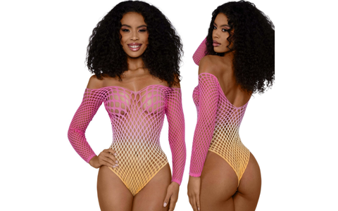 Fishnet Off The Shoulder Ombre Bodysuit OS by Dream Girl