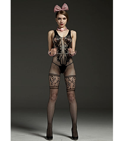 Rimes Lace Panel Crotchless Sexy Body Stockings