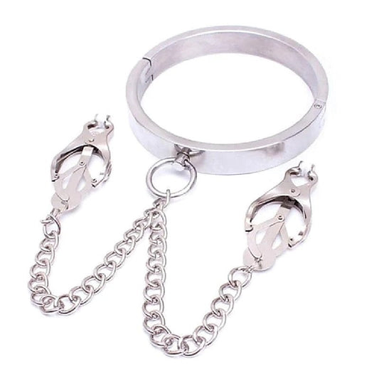 Breast Teasing Metal Collar & Clover Clamps by BDStyle
