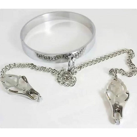 Breast Teasing Metal Collar & Clover Clamps by BDStyle