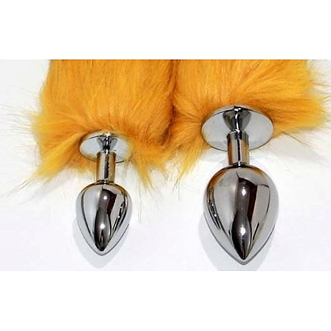 Canid Orange Faux Fox Tail Smooth Silver Butt Plug