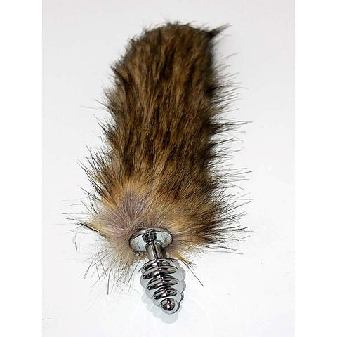 Black & Blonde Faux Fox Tail Butt Plug Silver Ribbed Fox Tail