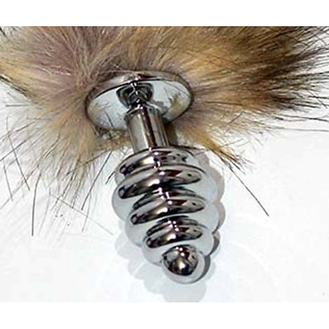 Black & Blonde Faux Fox Tail Butt Plug Silver Ribbed Fox Tail