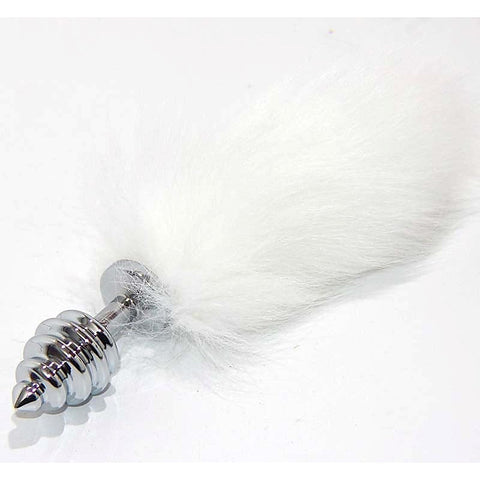 White Kitten Tail Silver Ribbed Butt Plug by BDStyle