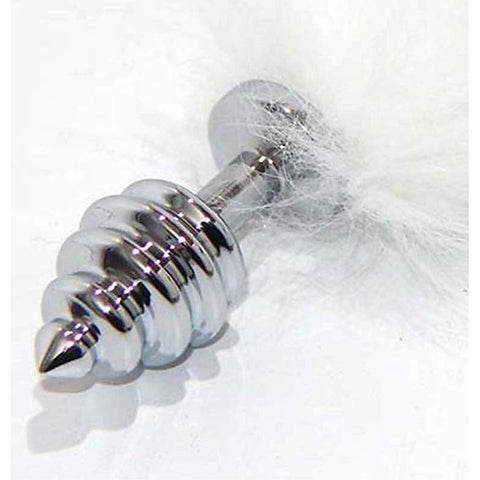 White Kitten Tail Silver Ribbed Butt Plug by BDStyle