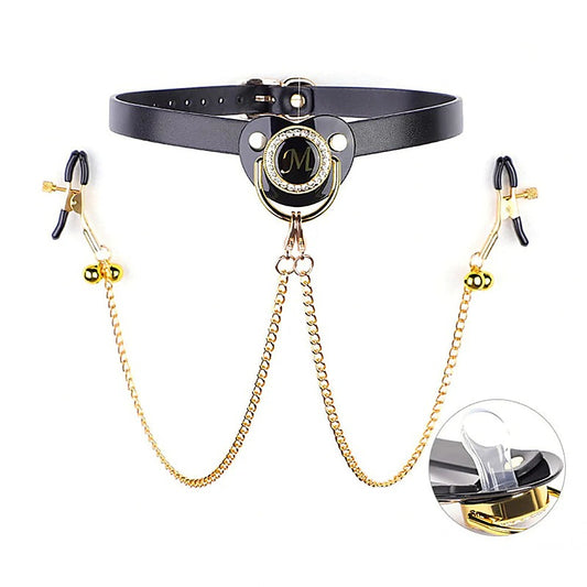 Pacifier Mouth Gag With Nipple Clamp Clip by BDStyle