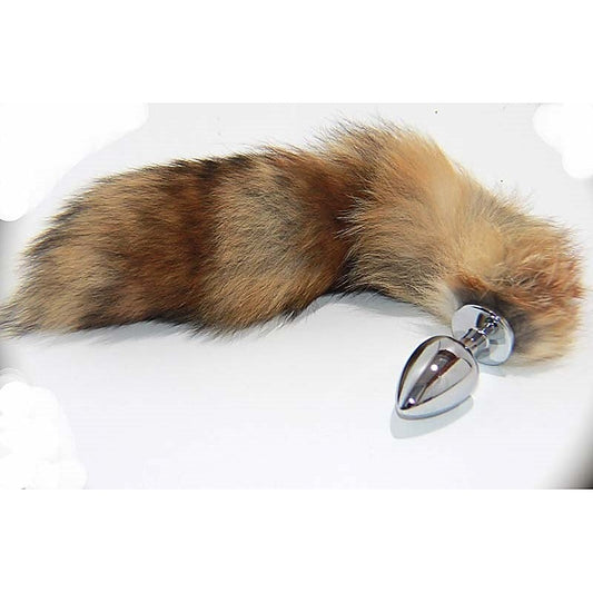 Long Brown and Blonde Fox Tail Silver Smooth Butt Plug