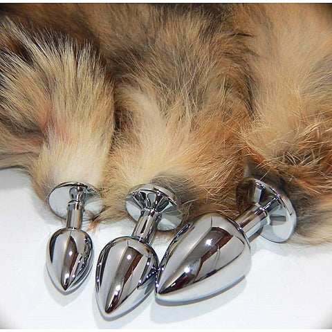 Long Brown and Blonde Fox Tail Silver Smooth Butt Plug