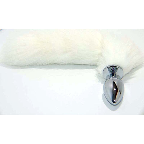 White Faux Fox Tail Smooth Silver Butt Plug by BDStyle