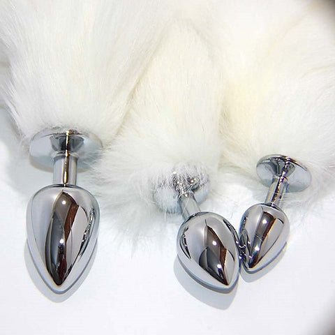White Faux Fox Tail Smooth Silver Butt Plug by BDStyle