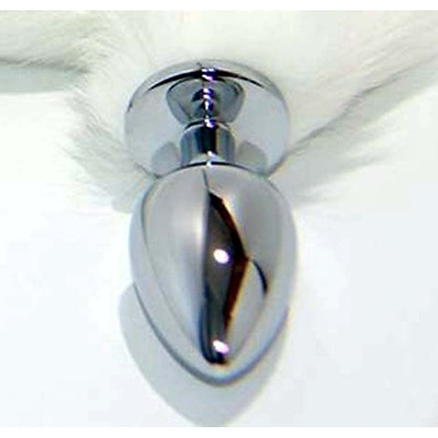 White Faux Fox Tail Smooth Silver Butt Plug by BDStyle