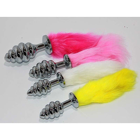 Faux Rabbit Tail Ribbed Butt Plug Silver Small
