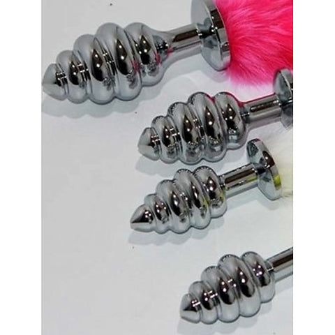 Faux Rabbit Tail Ribbed Butt Plug Silver Small