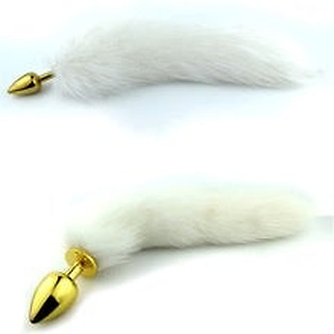 White Faux Fox Tail Steel Anal Plug Gold by BDStyle