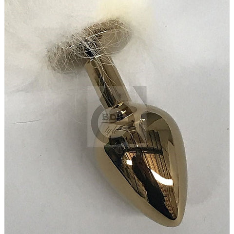 White Faux Fox Tail Steel Anal Plug Gold by BDStyle