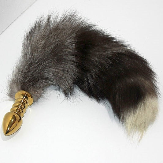 Faux Fox Tail Ribbed Gold Butt Plug Large by BDStyle