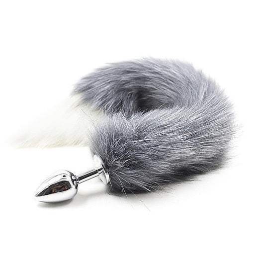 Gray & White Faux Fox Tail & Metal Butt Plug by BDStyle