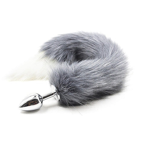 Gray & White Faux Fox Tail & Metal Butt Plug by BDStyle