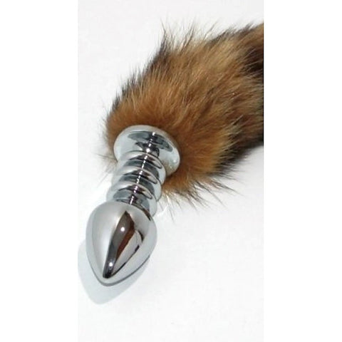 Brown Faux Fox Tail Ribbed Silver Butt Plug by BDStyle