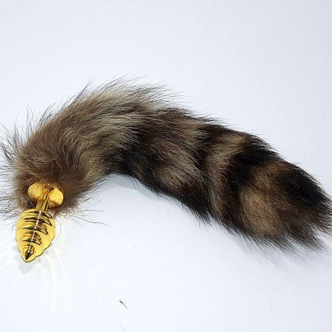 Brown Faux Fox Tail Gold Ribbed Butt Plug by BDStyle