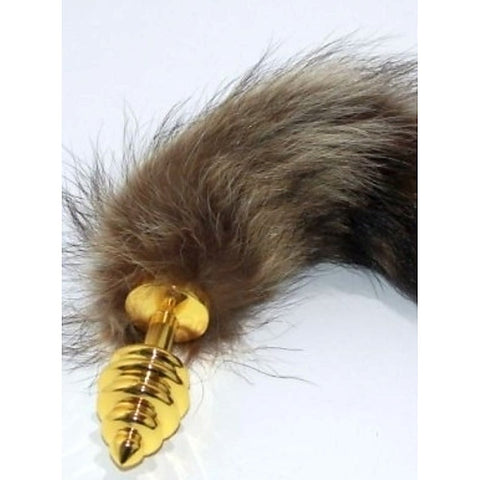 Brown Faux Fox Tail Gold Ribbed Butt Plug by BDStyle