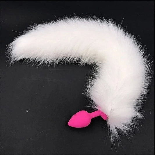 White Faux Fox Tail with Pink Silicone Butt Plug by BDStyle