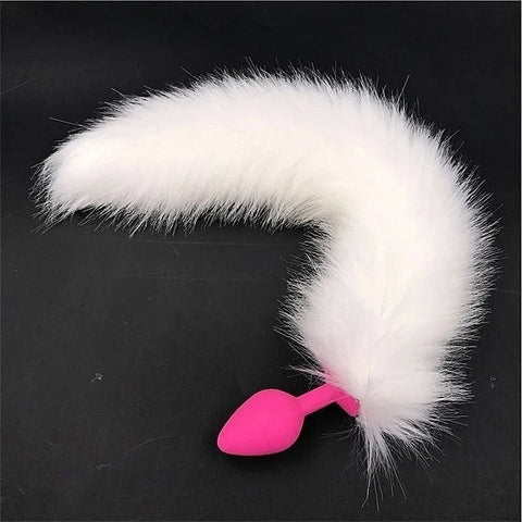 White Faux Fox Tail with Pink Silicone Butt Plug by BDStyle