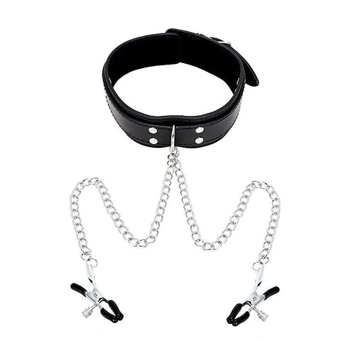 Bondage Collar Black with Nipple Clamps by BDStyle