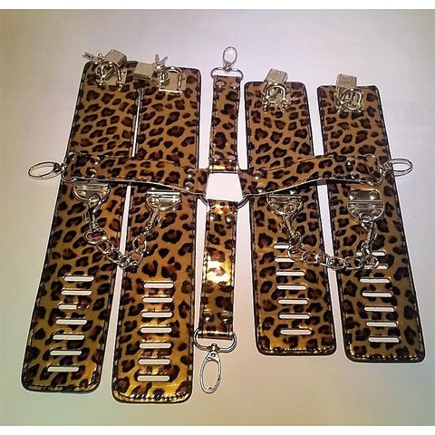 Wild Leopard Wrist and Ankle Cuffs with Hogtie by BDStyle