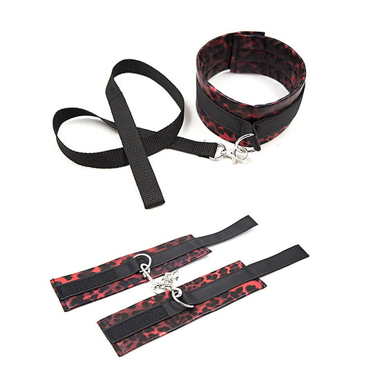 Red Leopard Cuffs and Collar with Leash by BDStyle